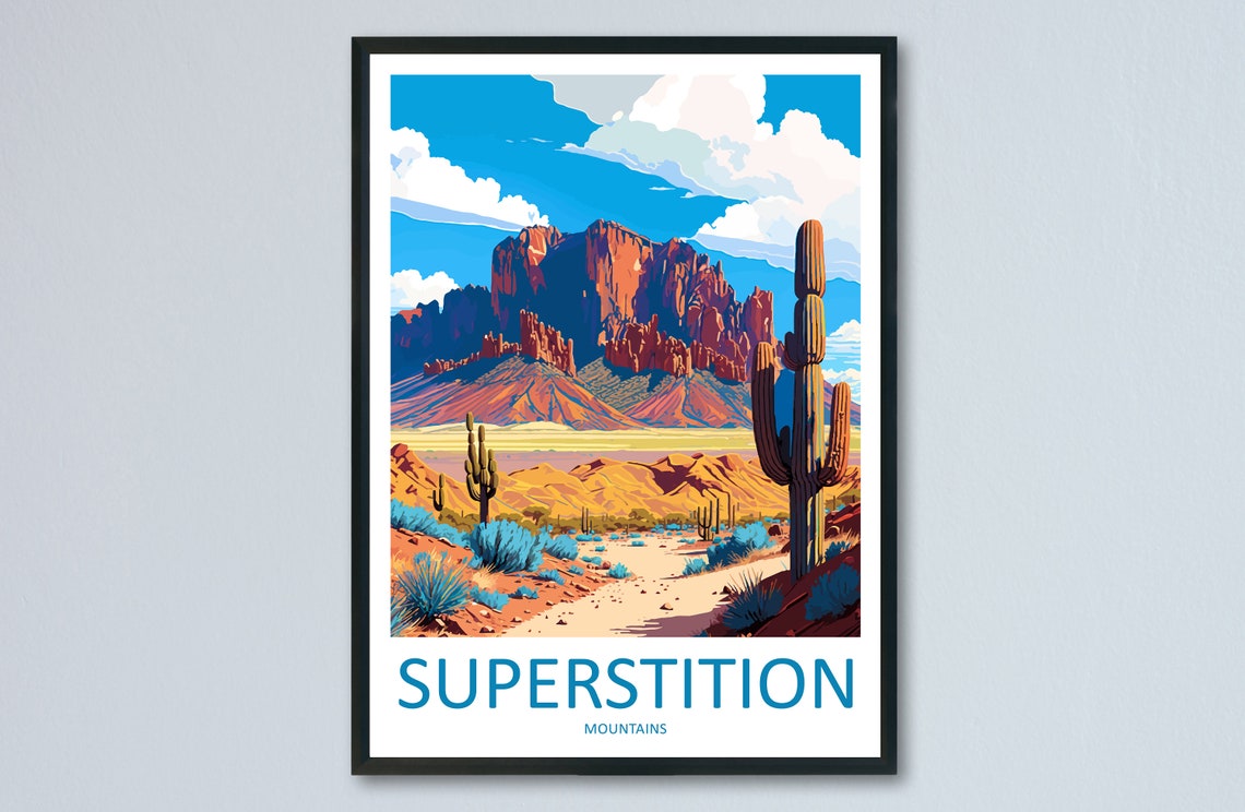 Superstition Mountains Arizona Desert Cactus Sunset Travel Poster