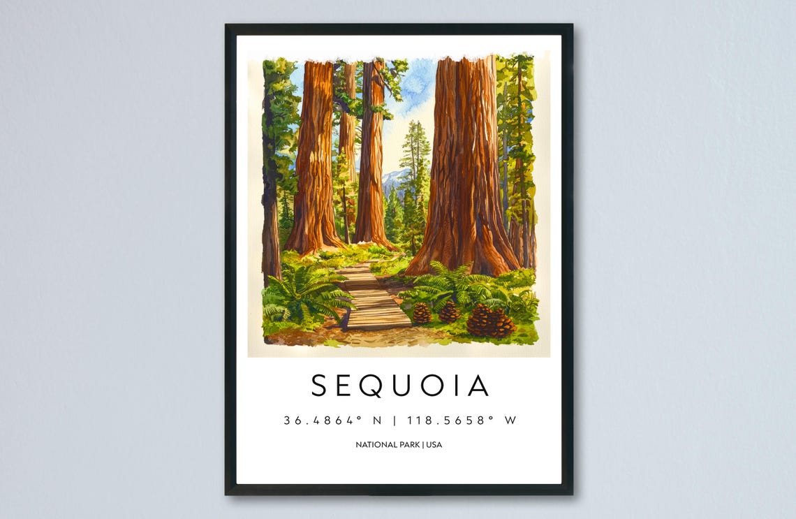 Sequoia National Park Watercolor Travel Poster Giant Sequoia Trail Art