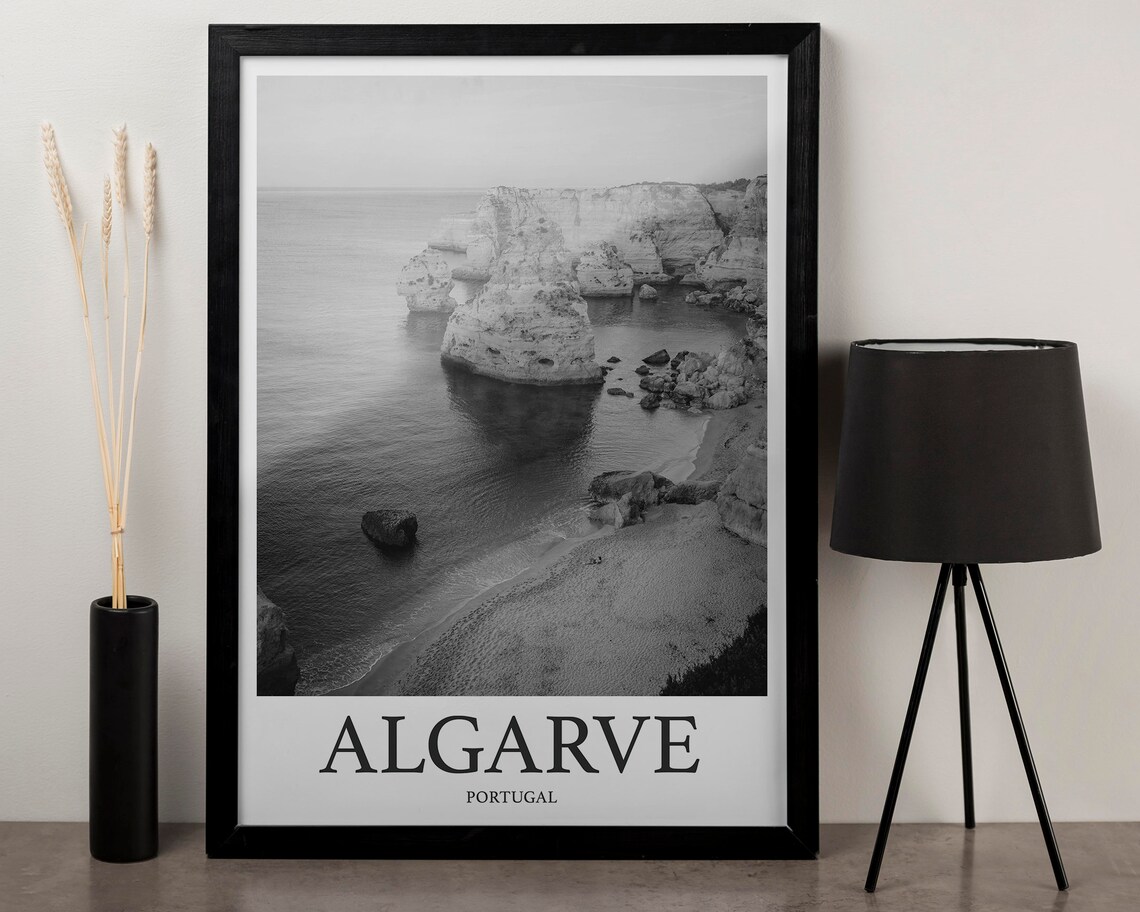 Algarve Portugal Sea Cliffs Rock Formations Black White Photo Poster - Image 3