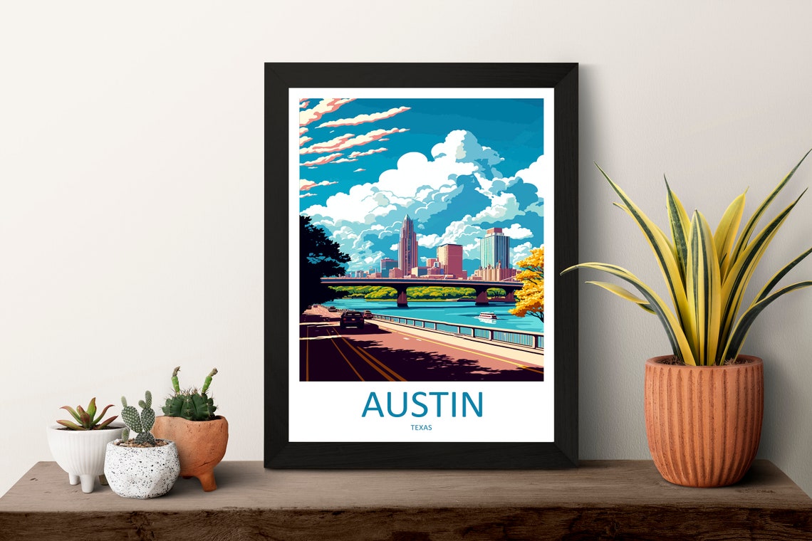 Austin Texas Downtown Skyline River Bridge Sunset Travel Poster - Image 3