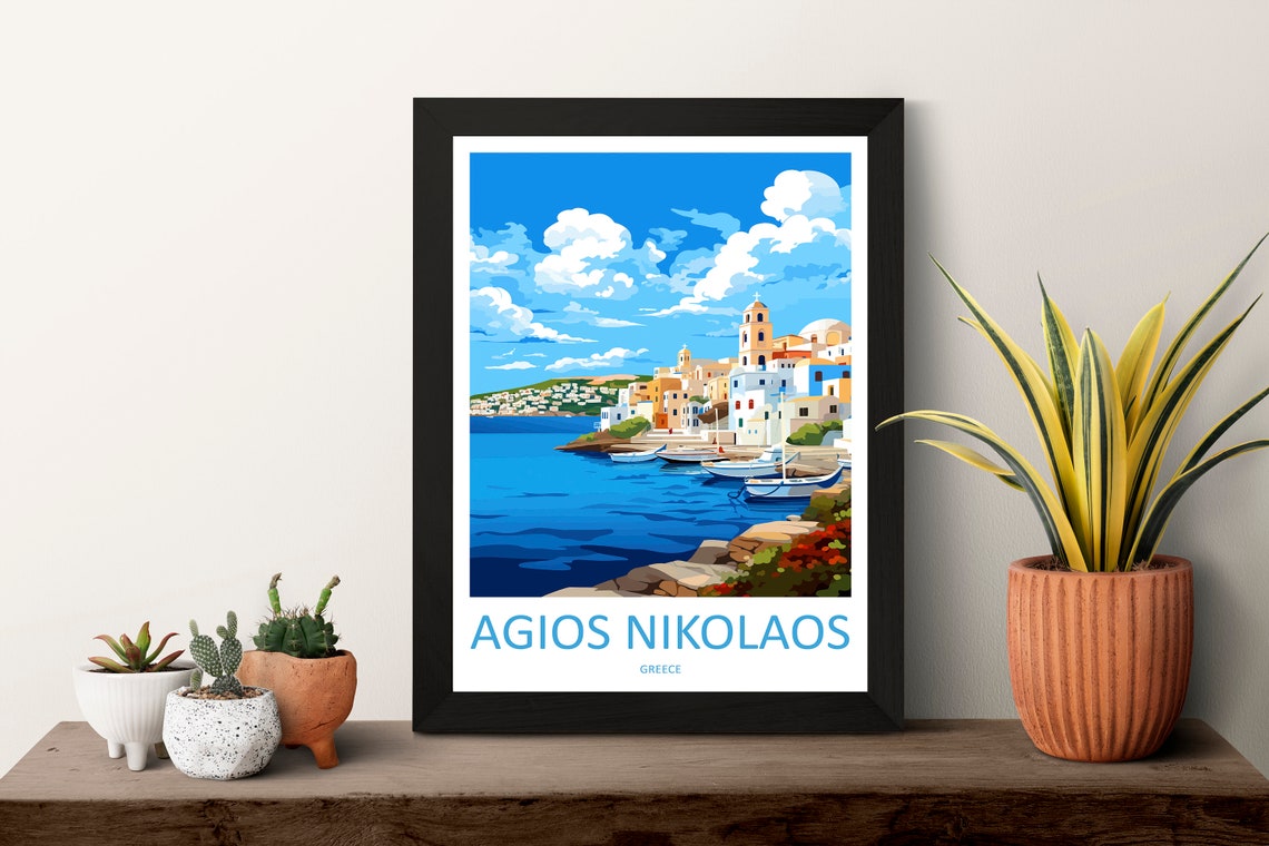 Agios Nikolaos Greece Harbor Boats Whitewashed Town Travel Poster - Image 3