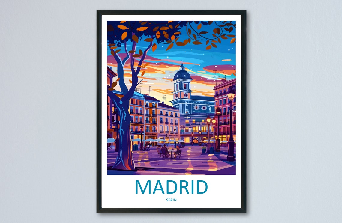 Madrid Spain Sunset Plaza Evening Street Lights Travel Poster