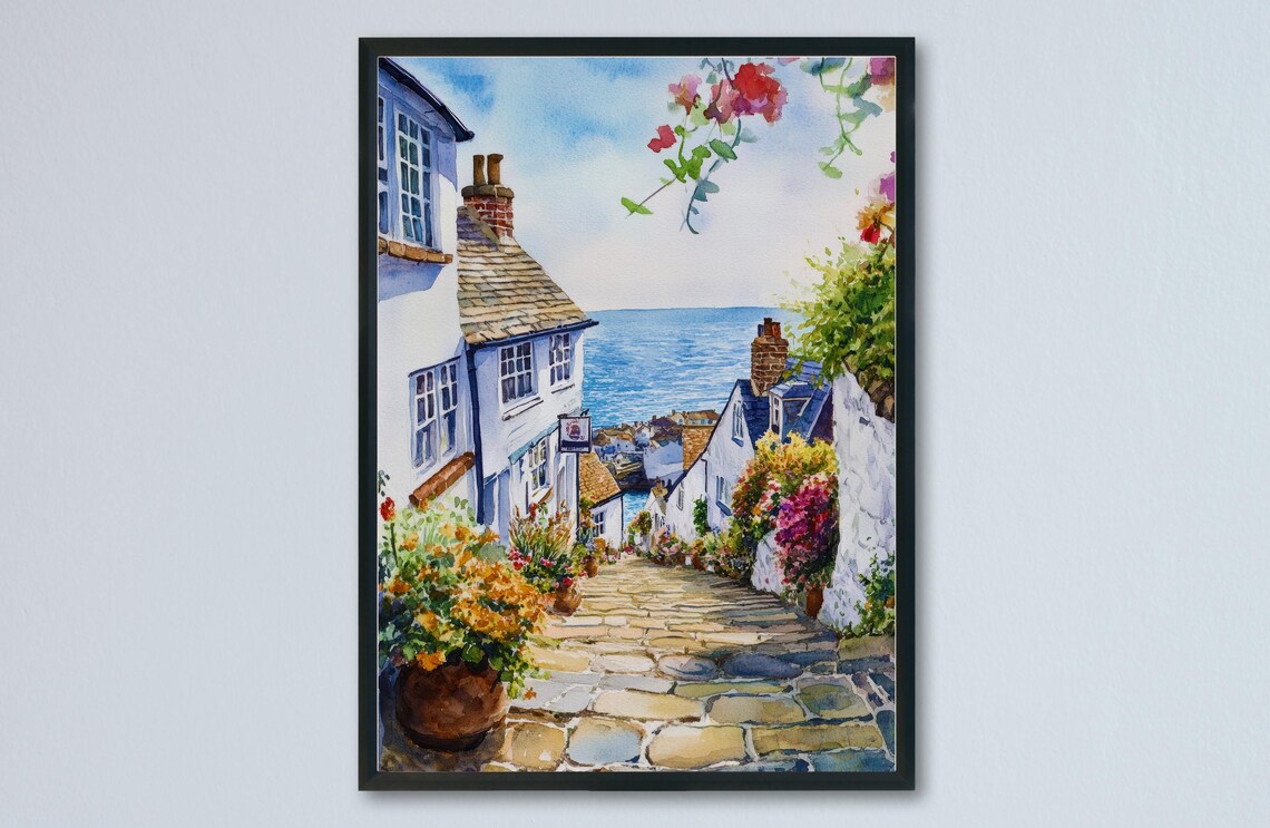 Clovelly Flower Lined Cobbled Street Sea Watercolor Beautiful Poster