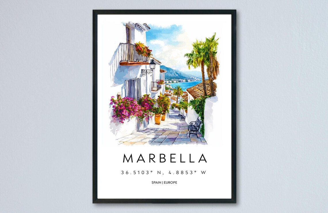 Marbella Watercolor Spain Old Town Flower Street Travel Poster