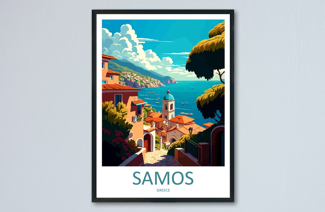 Samos Greece Aegean Coastal Village Bell Tower Travel Poster