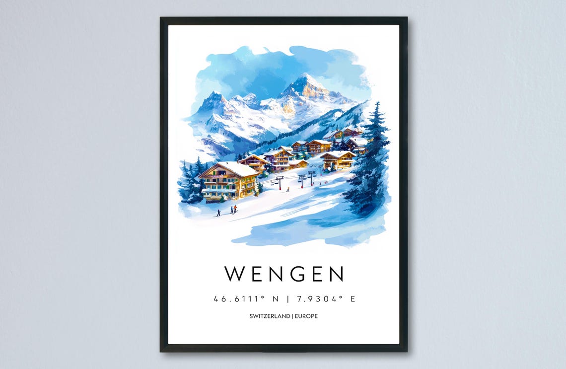 Wengen Switzerland Snowy Ski Village Watercolor Alpine Poster