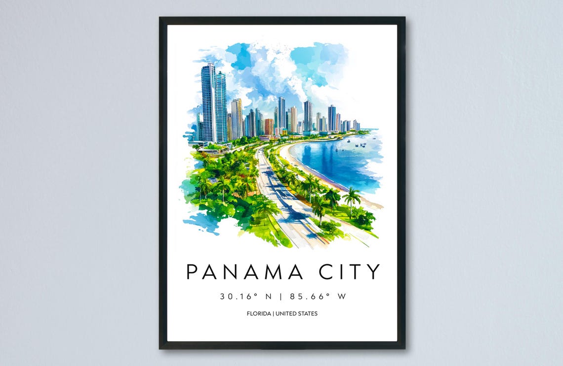 Panama City Bayfront Skyline Watercolor Florida Coastal Poster