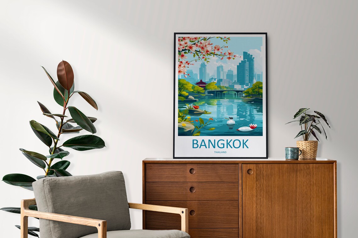 Bangkok Thailand Park Lake Skyline Blossom Vintage Travel Poster Art - Image 2