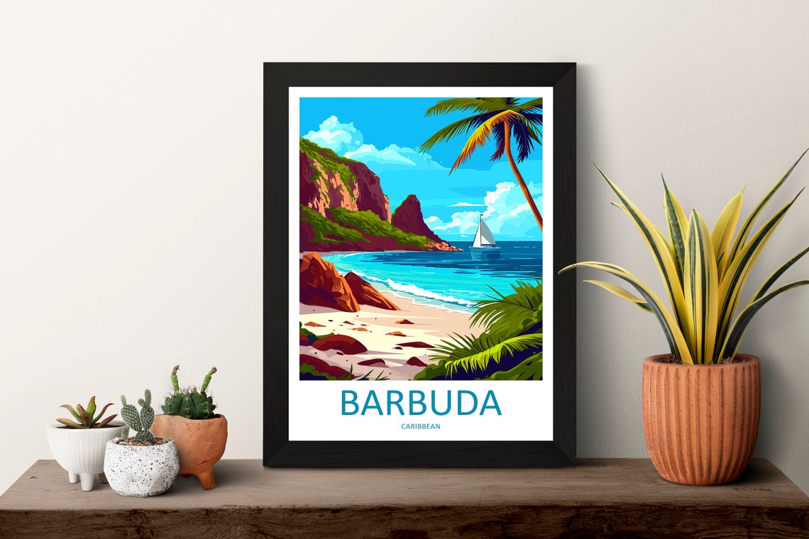Barbuda Caribbean Sailboat Cove Palm Beach Retro Travel Poster - Image 3