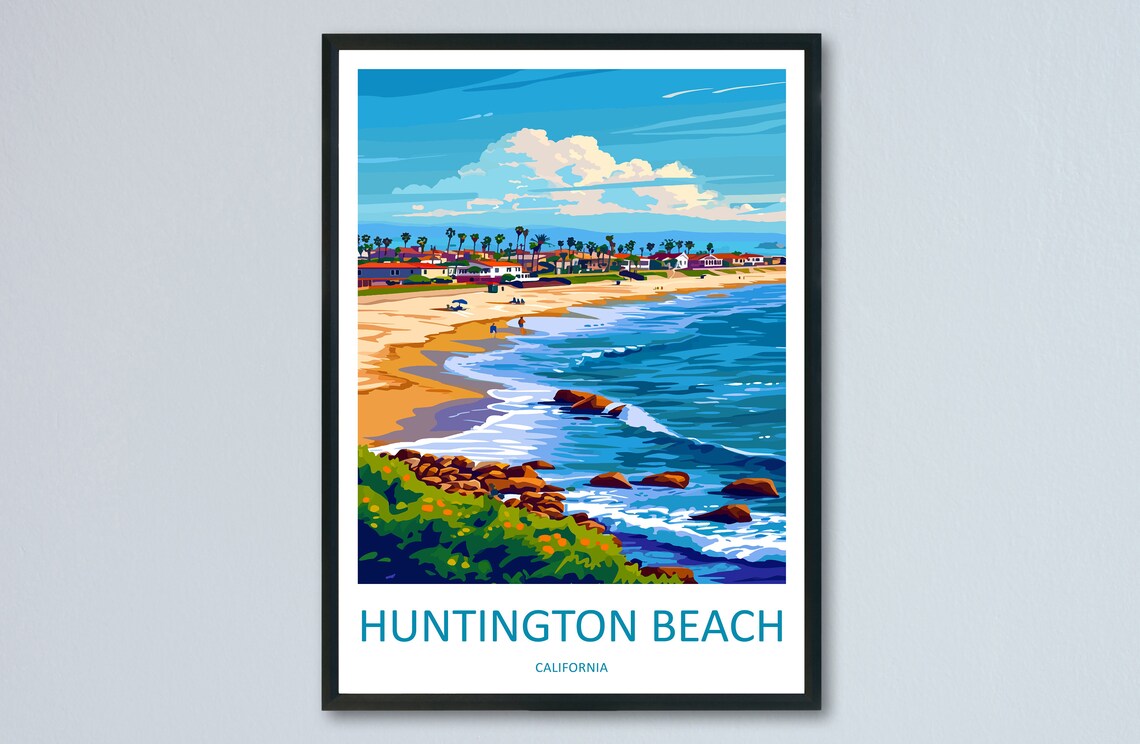 Huntington Beach California Surf Wave Rocky Shore View Poster