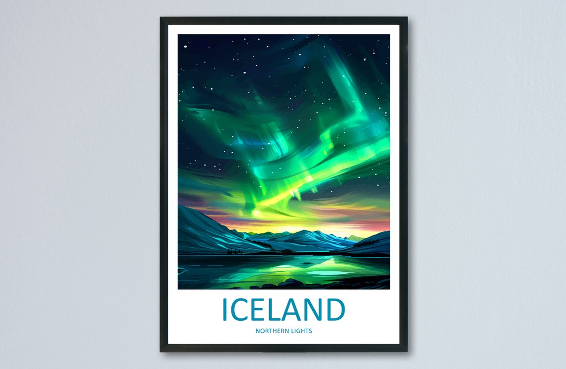 Iceland Northern Lights Aurora Night Sky Starry Travel Poster