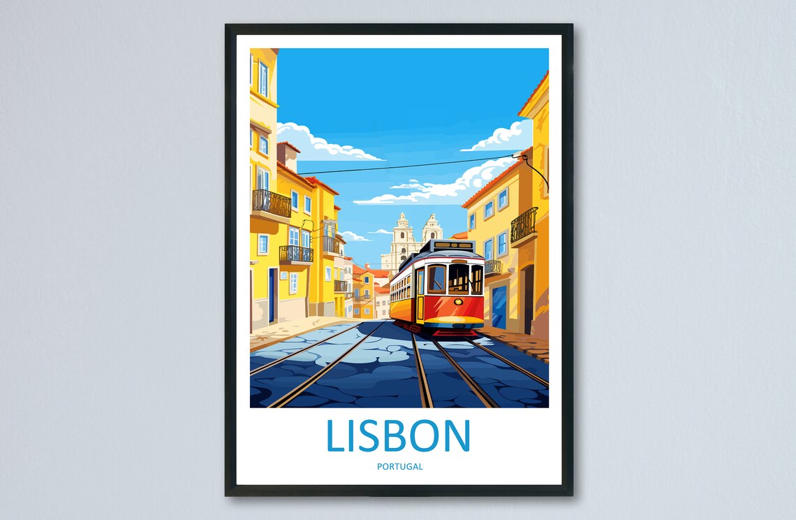 Lisbon Portugal Vintage Tram Narrow Street Hillside Travel Poster