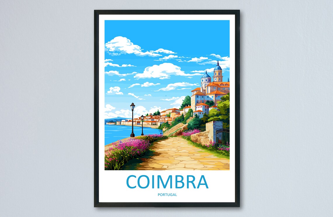 Coimbra Portugal Riverside Stone Path Flowers Church Travel Poster