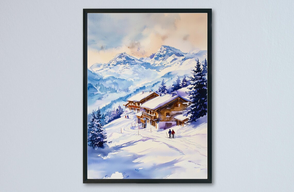 Snowy French Alps Ski Chalet Watercolor Winter Mountain Scene Poster