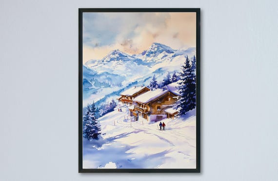 La Plagne Watercolor Poster Travel Print French Alps Ski Resort Wall Art Winter Decor Snowy Mountain Landscape