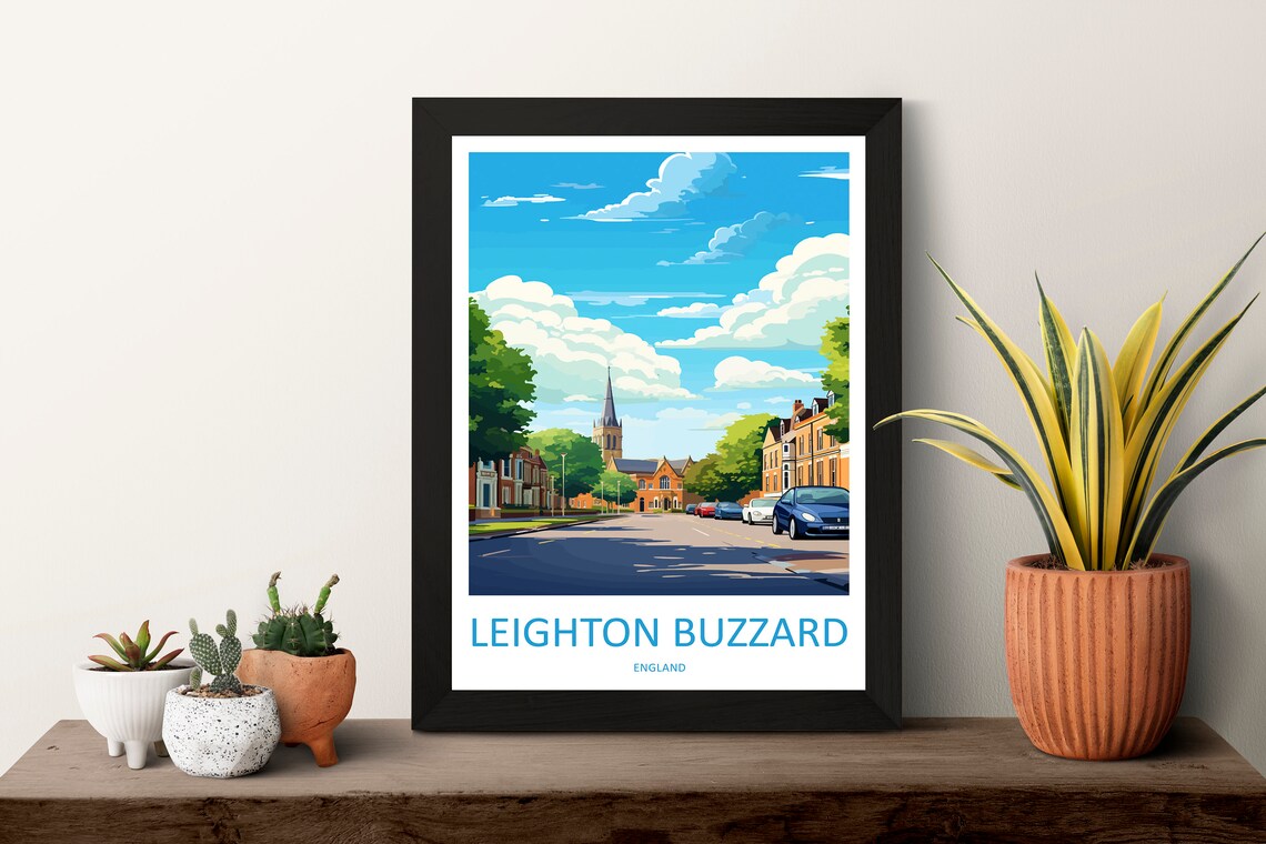 Leighton Buzzard Sunny Church Spire Street Scene England Poster - Image 3
