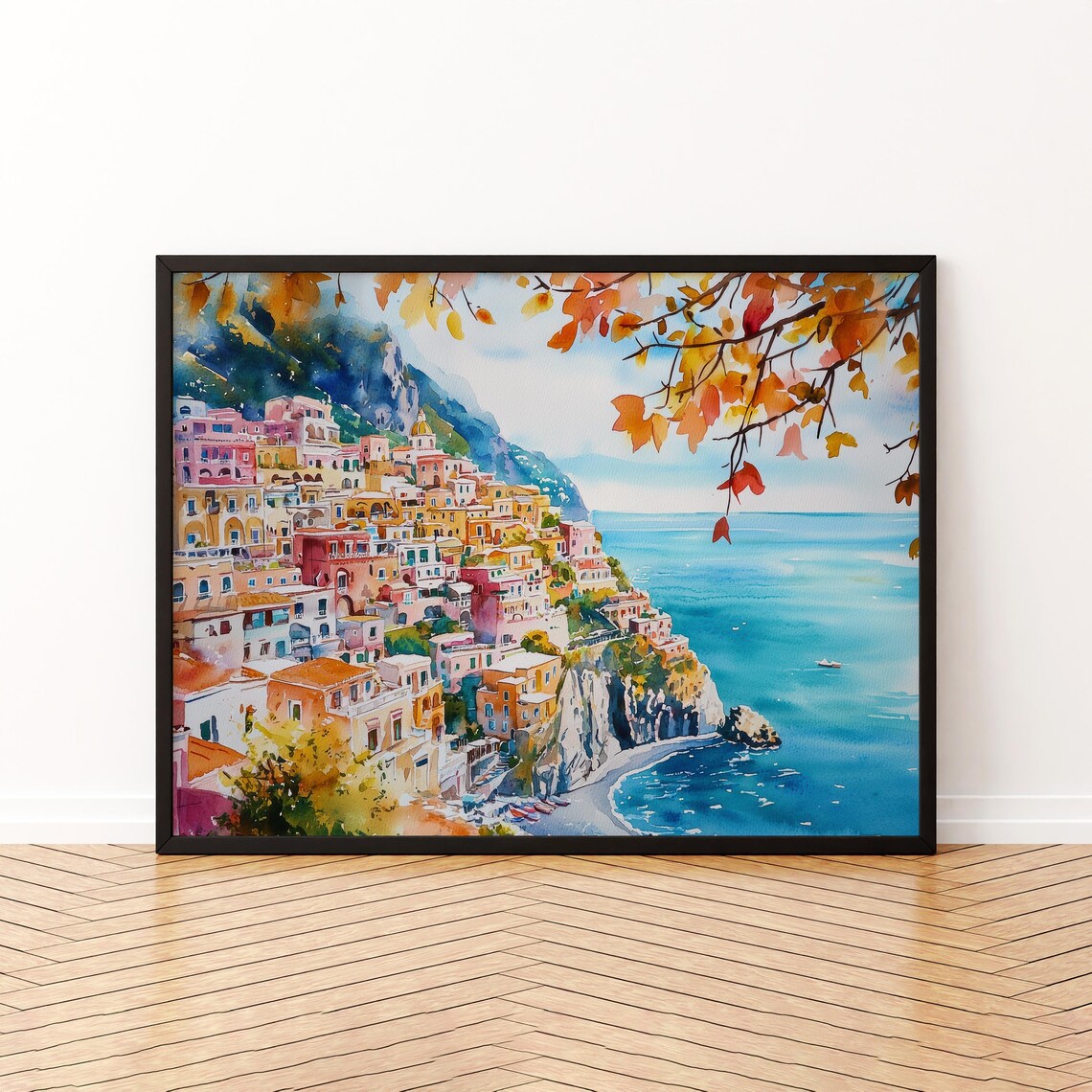 Positano Watercolor Travel Poster, Italy Landscape
