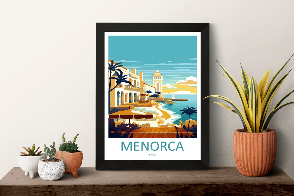 Menorca Spain Seaside Promenade Palms and Beach Balearic Poster - Image 3