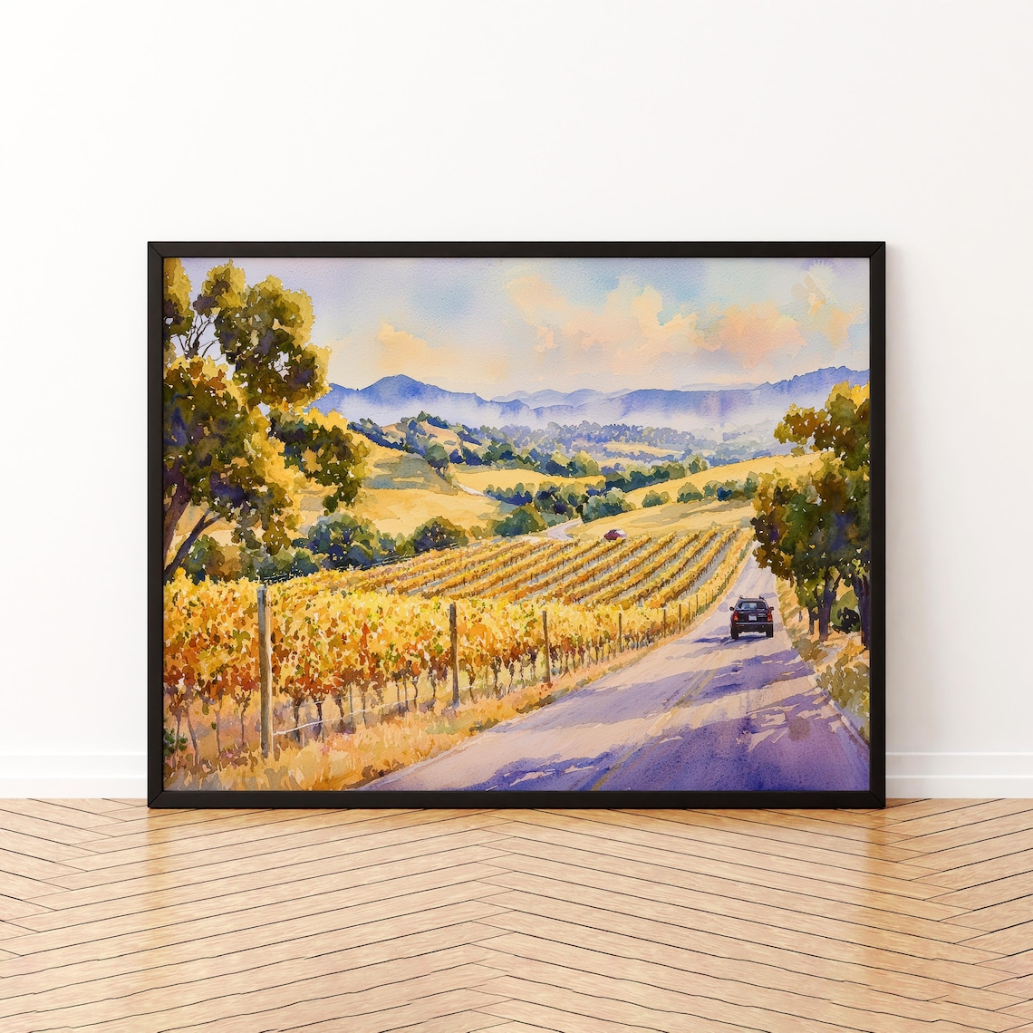 Golden Autumn Vineyard Rows Along a Country Road Watercolor Landscape Poster