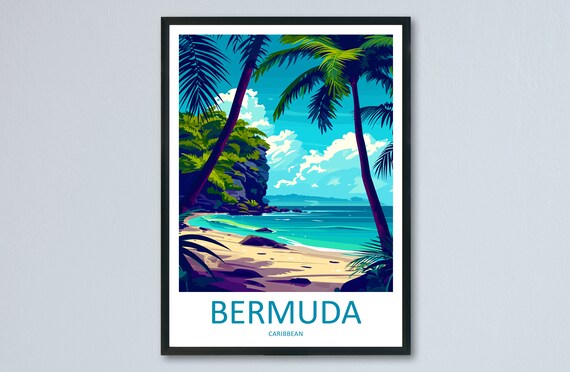 Bermuda Caribbean Tropical Beach Palm Trees Vintage Travel Poster