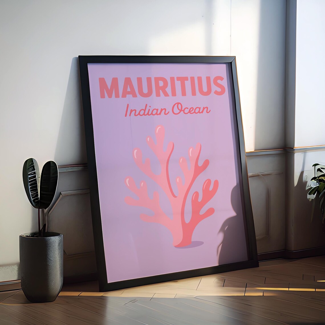 Mauritius Indian Ocean Pink Coral Reef Tropical Island Travel Poster
