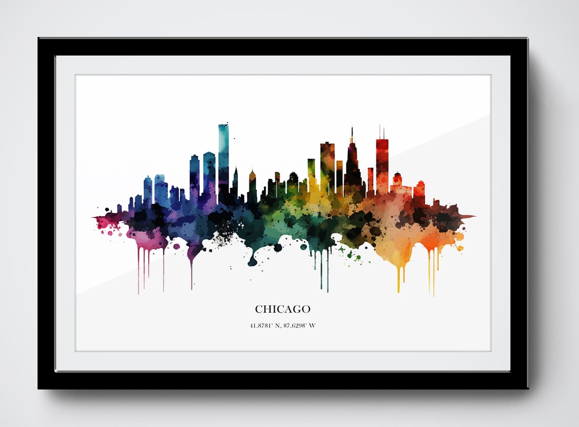 Chicago Watercolor Skyline Poster with Rainbow City Coordinates - Image 3