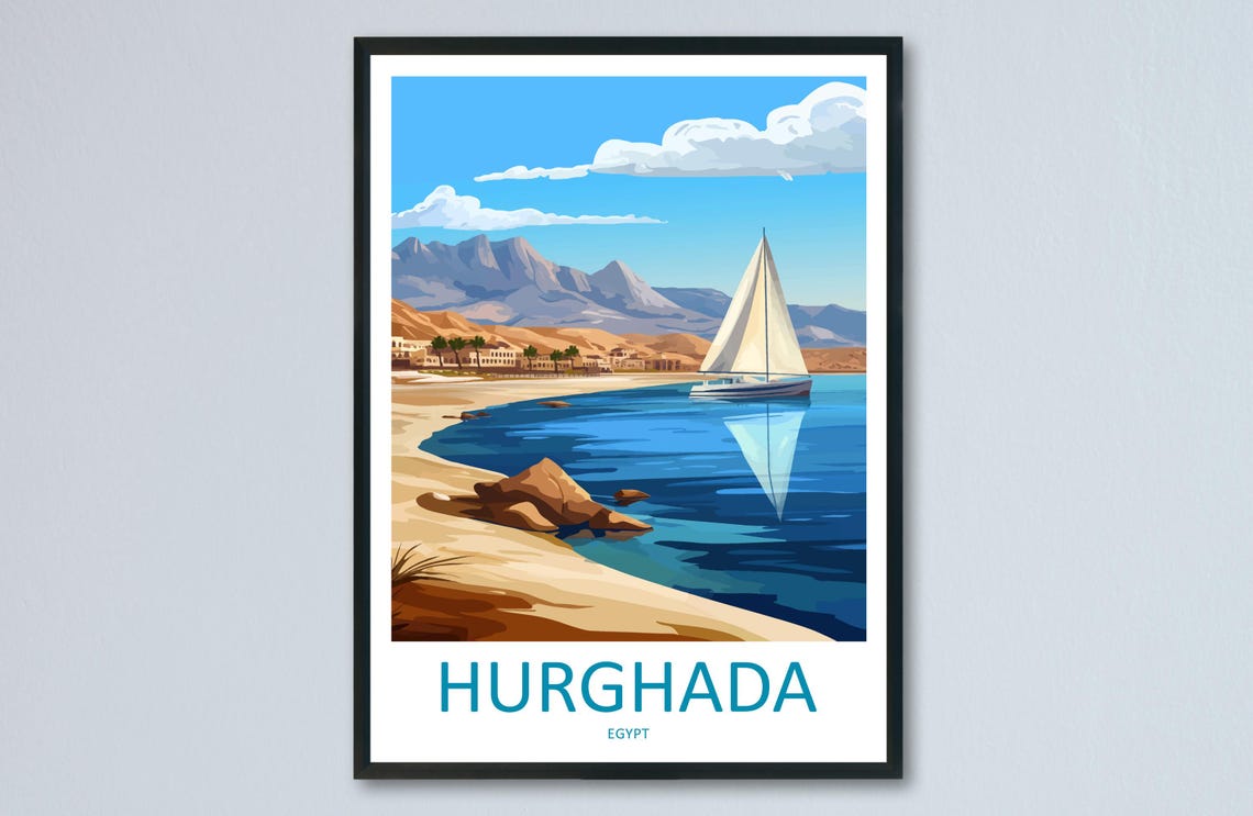 Hurghada Egypt Red Sea Sailboat Travel Poster Beach Mountain View
