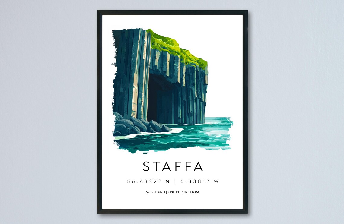 Staffa Scotland Basalt Sea Columns Cave Watercolor Travel Poster