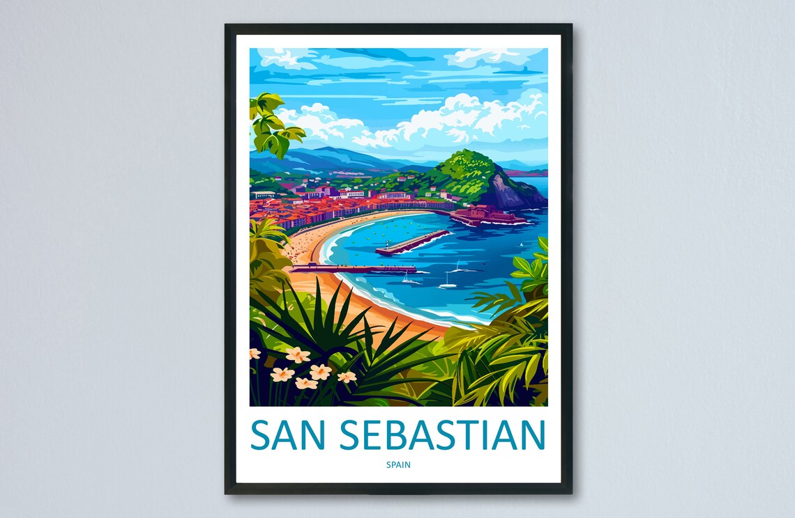 San Sebastian Spain La Concha Crescent Bay Aerial View Travel Poster