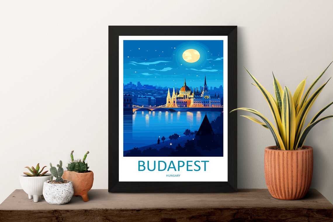Budapest Hungary Parliament Night Moonlit Danube River Glow Poster - Image 3