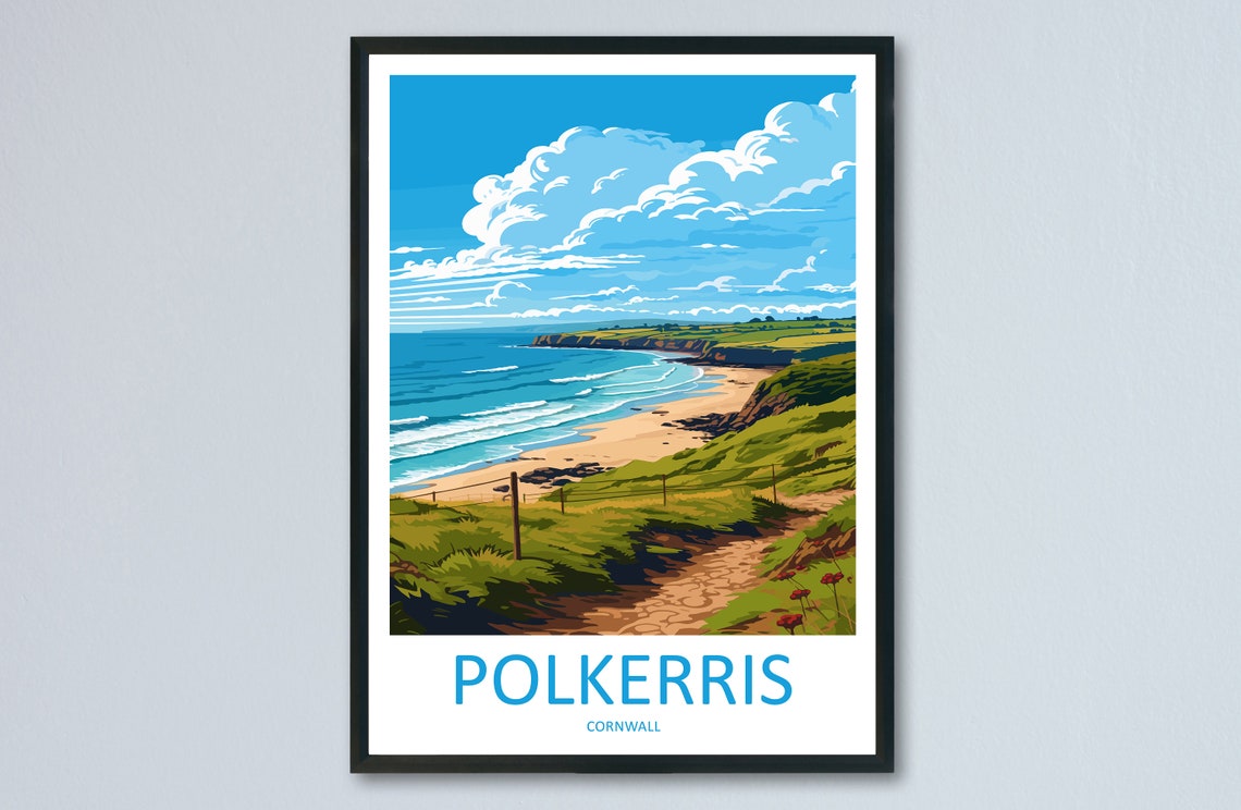 Polkerris Beach Cornwall Coastal Path Sea View Travel Poster