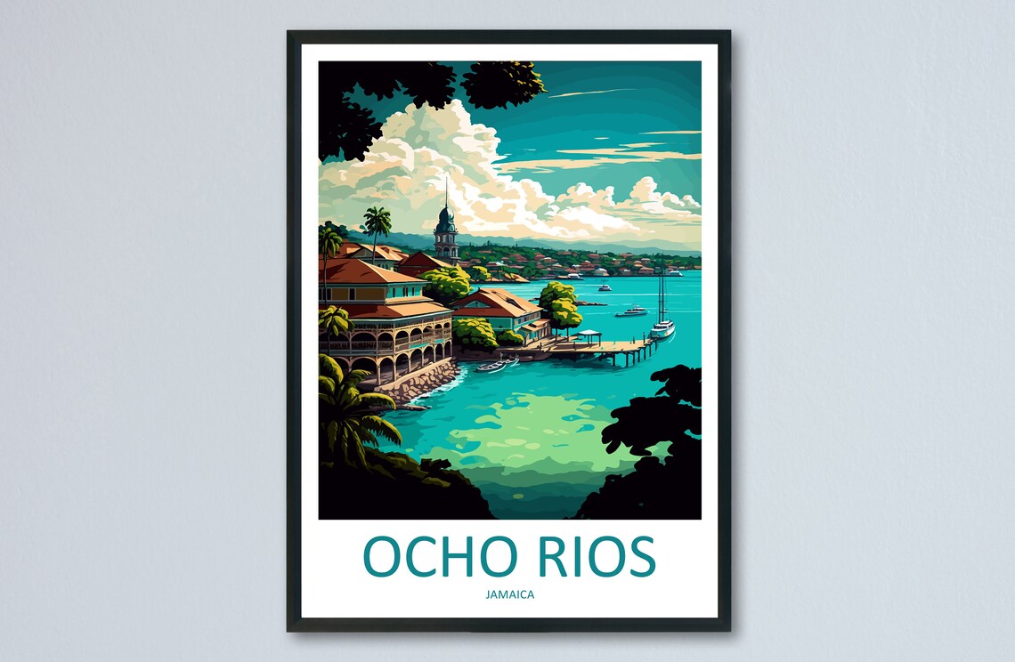 Ocho Rios Jamaica Tropical Caribbean Harbor Vintage Travel Poster