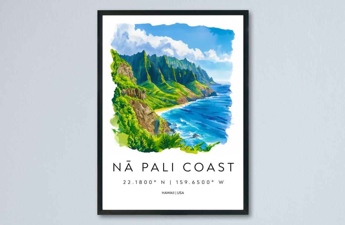 Na Pali Coast Hawaii Dramatic Sea Cliffs Watercolor Travel Poster