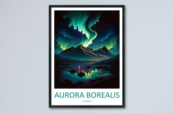 Northern Lights Travel Poster, Aurora Borealis Iceland