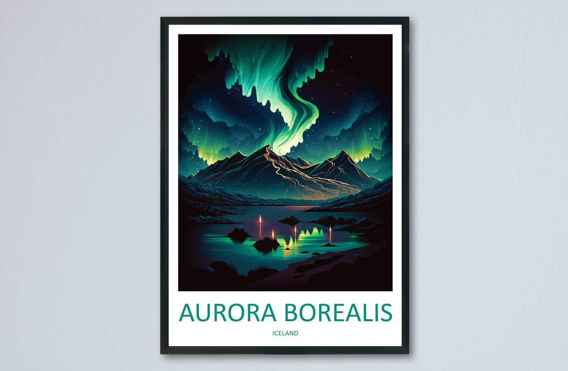 Northern Lights Travel Poster, Aurora Borealis Iceland
