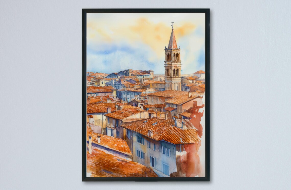 European Old Town Terracotta Rooftops Bell Tower Watercolor Poster