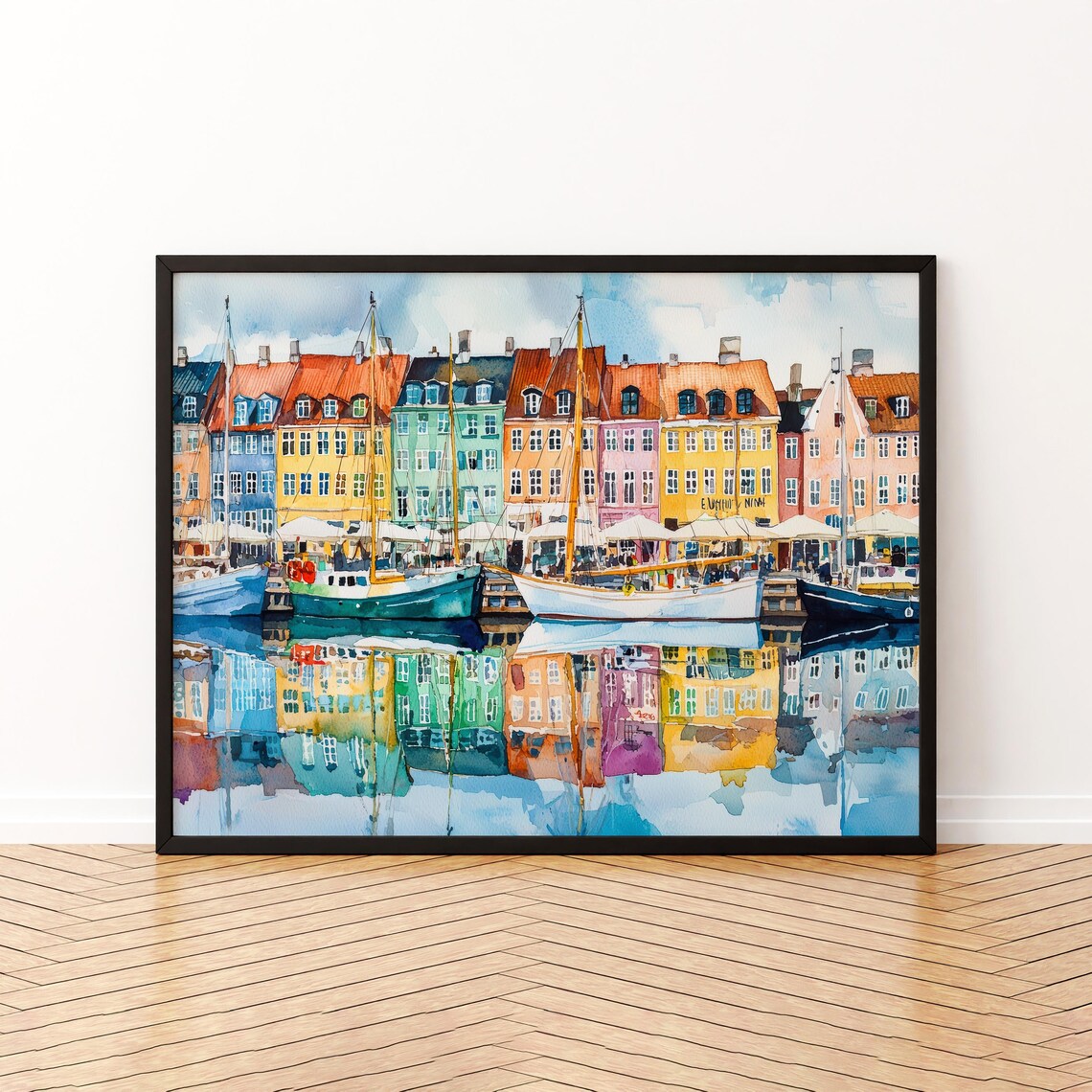 Copenhagen Denmark Watercolor Travel Poster, Nyhavn Harbour
