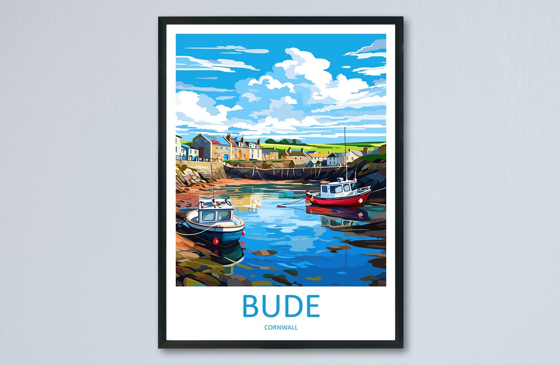Bude Cornwall Fishing Harbour Boats Quaint Village Travel Poster