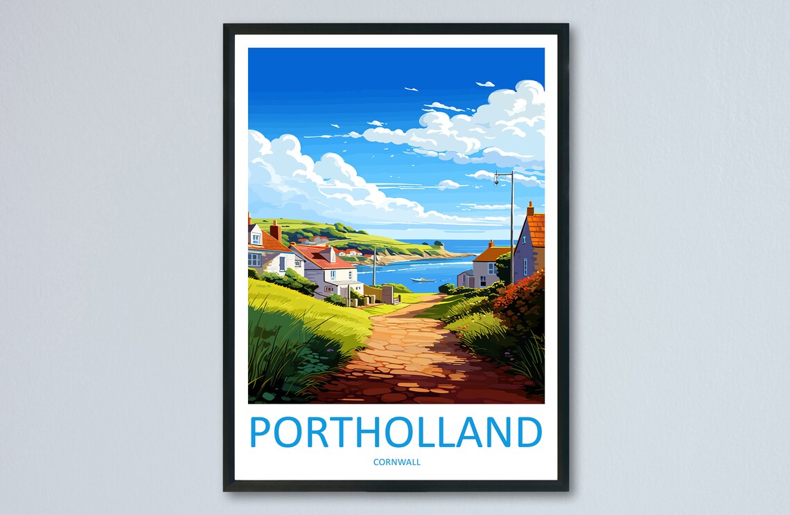 Portholland Cornwall Village Lane to Sea Travel Poster Scene