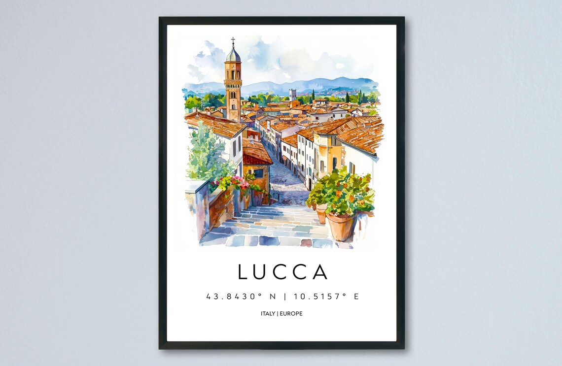 Lucca Italy Watercolor Old Town Bell Tower Tuscany Steps Poster