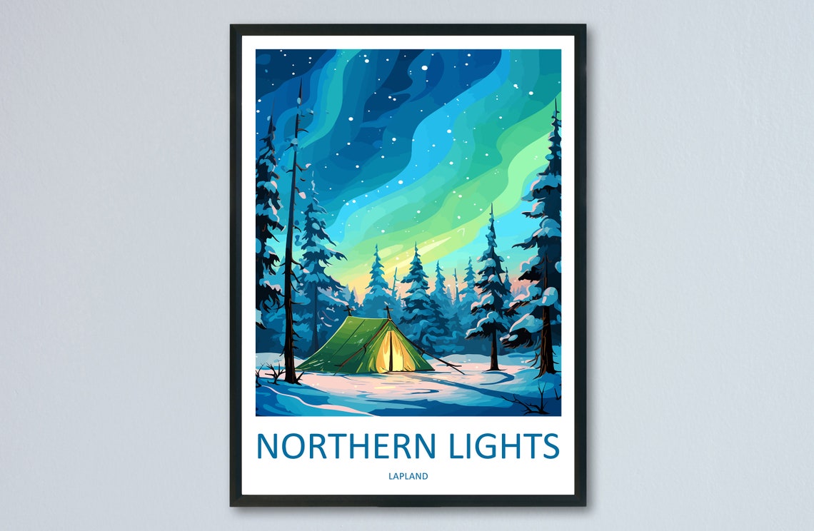 Lapland Northern Lights Aurora Tent in Snowy Forest Night Poster