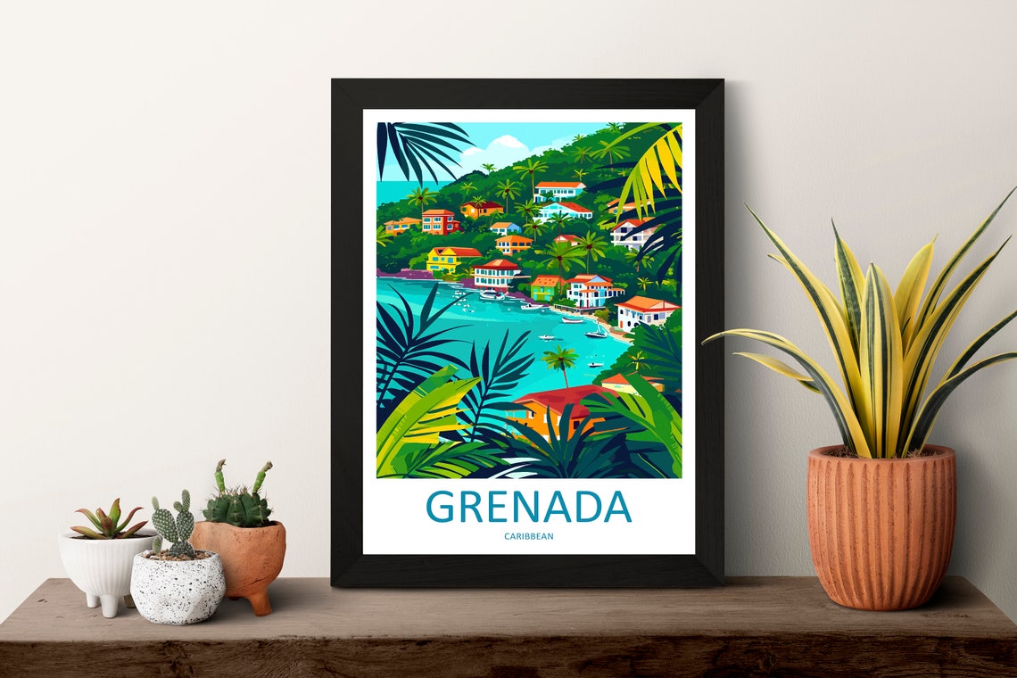 Grenada Caribbean Bay Hillside Village Tropical Travel Poster - Image 3