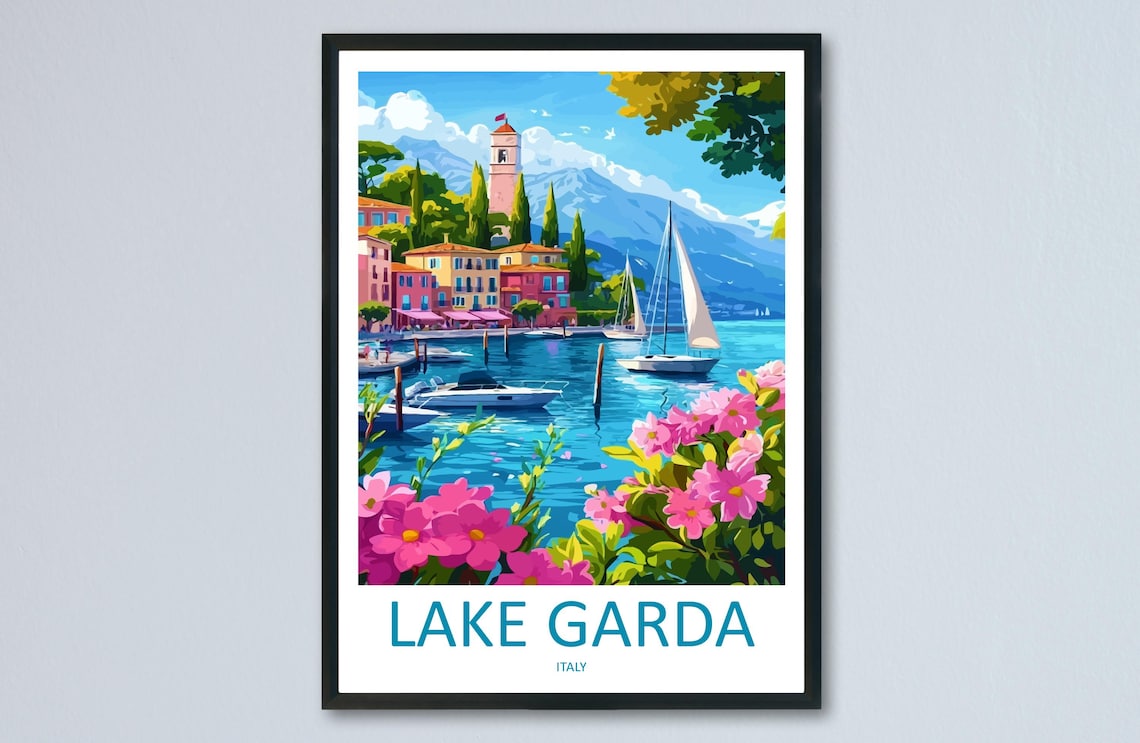 Lake Garda Italy Harbor Sailboat Pink Flowers Travel Poster Art