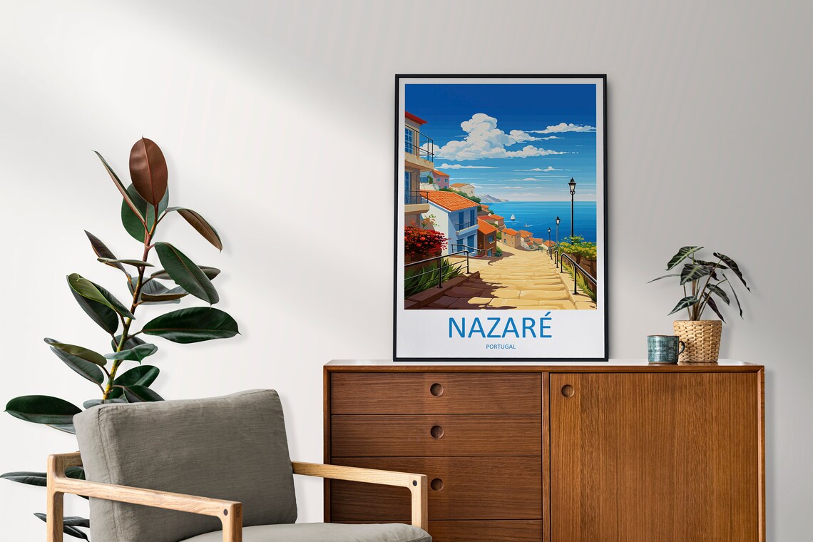 Nazaré Portugal Stone Steps Down to the Sea Vintage Travel Poster - Image 2