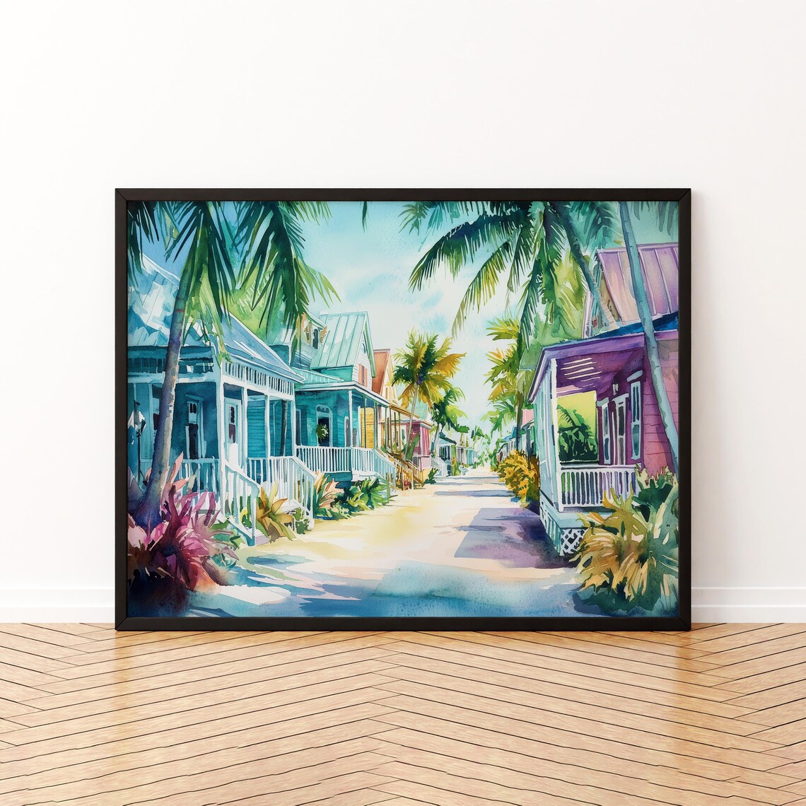 Key West Florida Pastel Houses Palm Street Watercolor Poster
