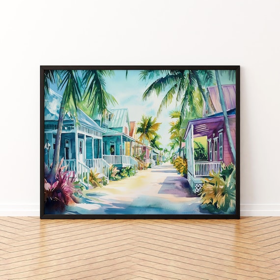 Key West Florida Pastel Houses Palm Street Watercolor Poster