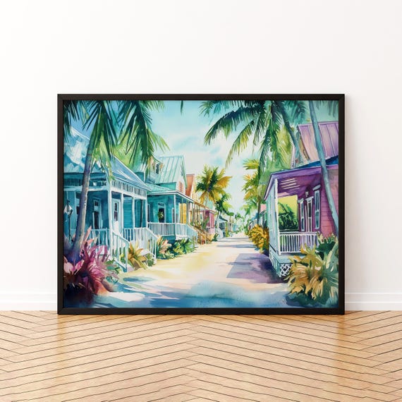 Key West Florida Watercolor Poster Travel Print Coastal City Painting Beach Wall Art Ocean Decor Usa Souvenir