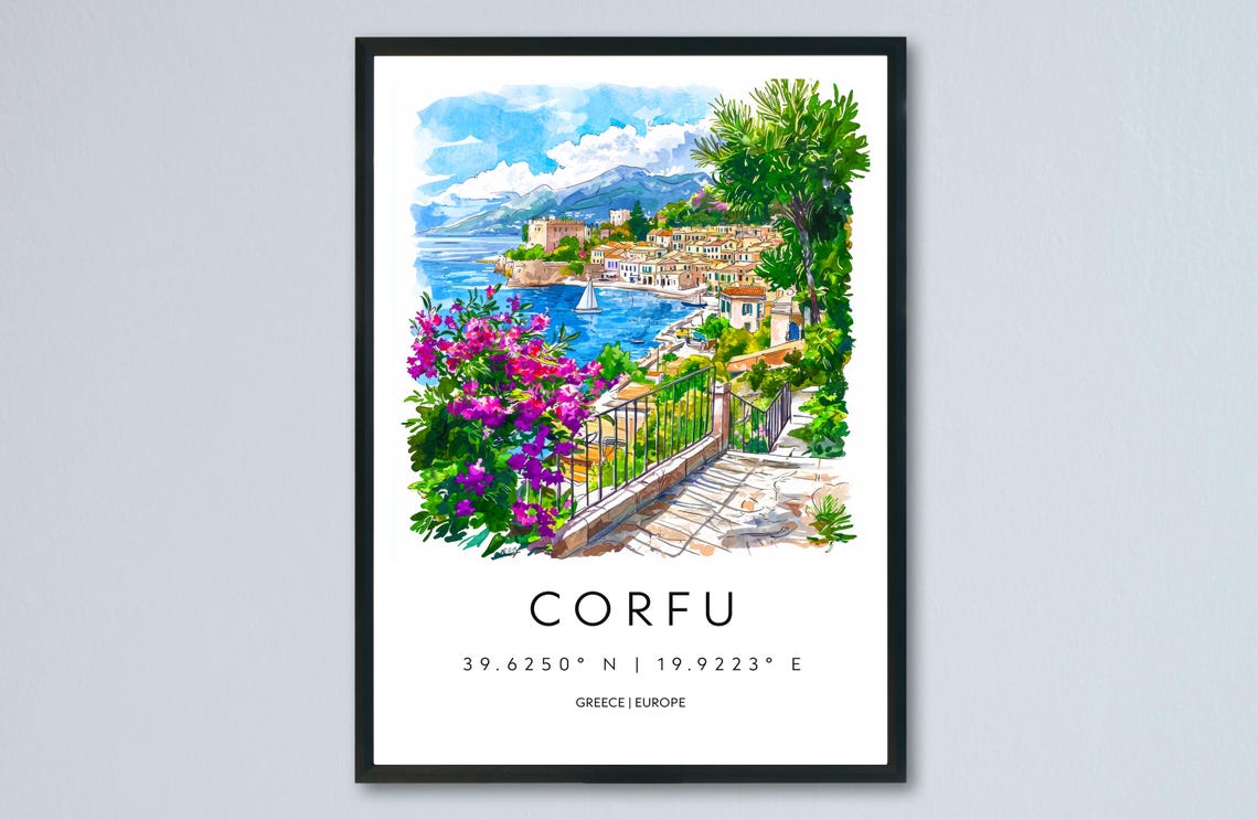 Corfu Watercolor Travel Poster, Greek Island Decor