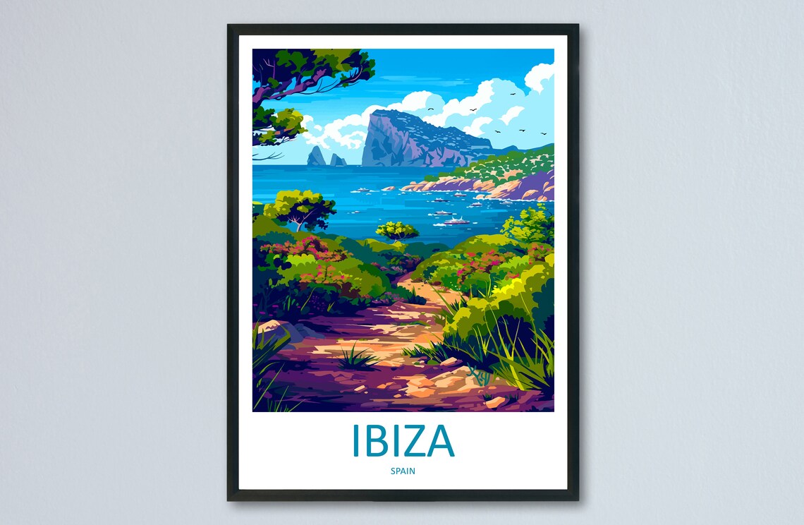 Ibiza Spain Mediterranean Cove Rocky Islet Sailboats Travel Poster