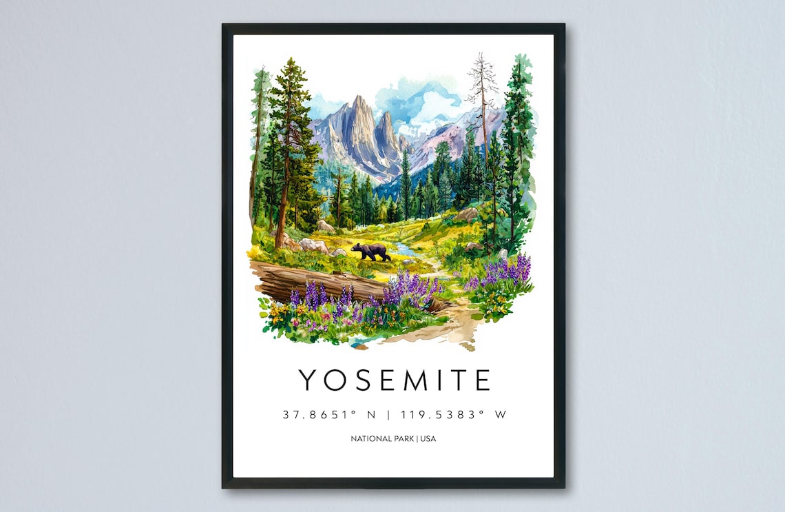 Yosemite California Watercolor Granite Peaks Pines Bear National Park Poster